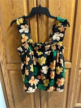 Who What Wear Black Floral Smocked Camisole with Yellow & Green Blooms, sz M